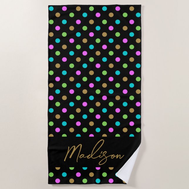 Modern Chic Polka Dots Personalised Black & Gold Beach Towel (Front)
