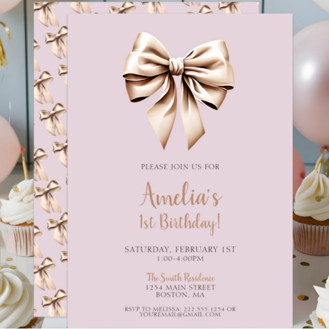 Modern Chic Purple Coquette Bow 1st Birthday Invitation (Modern Chic Lavender Beige Coquette Bow 1st Birthday Invitation, bows invite, onederful, girly)