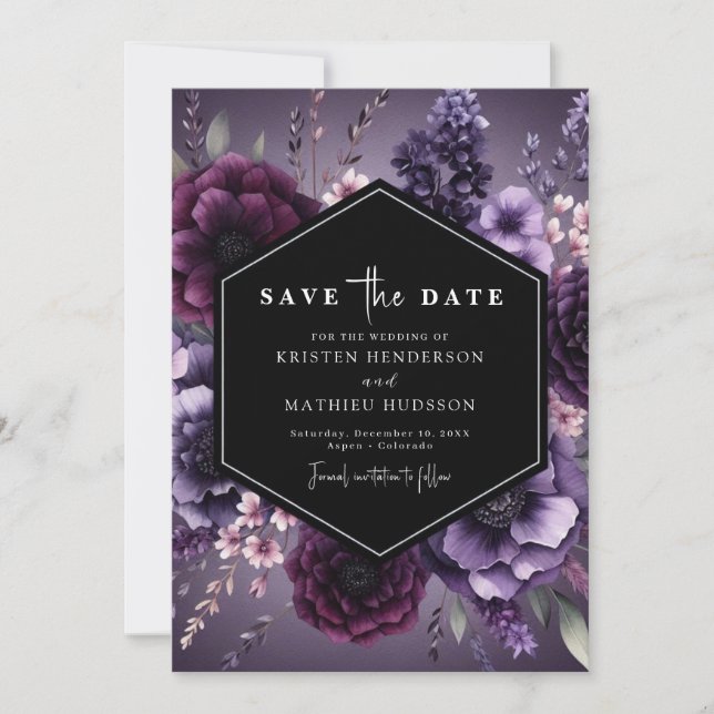Modern Chic Purple Floral Wedding Save The Date (Front)