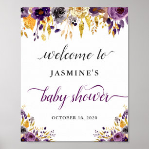 Modern Chic Purple Gold Floral Baby Shower Sign