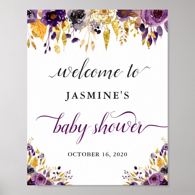 Modern Chic Purple Gold Floral Baby Shower Sign (Front)