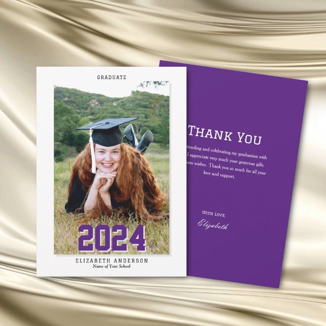 Modern Chic Purple Graduate 2024 Graduation Photo Thank You Card (Creator Uploaded)