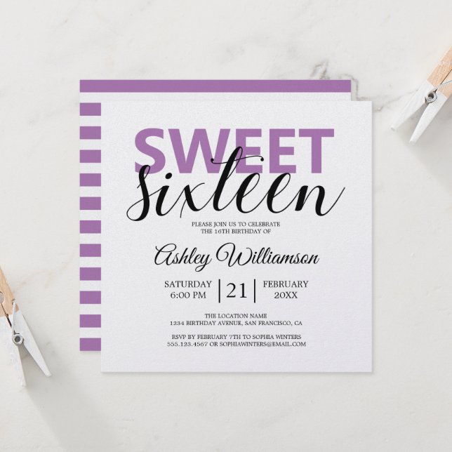 Modern Chic Purple White Stripes Sweet 16 Invitation (Front/Back In Situ)