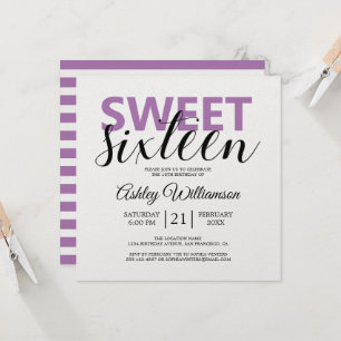 Modern Chic Purple White Stripes Sweet 16 Invitation