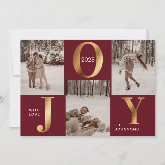 Modern Chic Red and Gold Joy Merry Christmas Photo Holiday Card (Front)