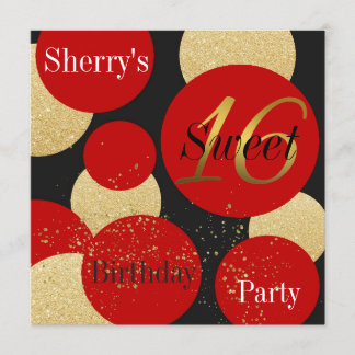 Modern Chic Red Glitter Gold Sweet 16 Invitation