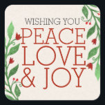 Modern Chic Red Peace Joy Love Christmas Holiday Square Sticker<br><div class="desc">The design features "Peace,  Love  & Joy' text in a modern red font with Christmas branch accent.</div>