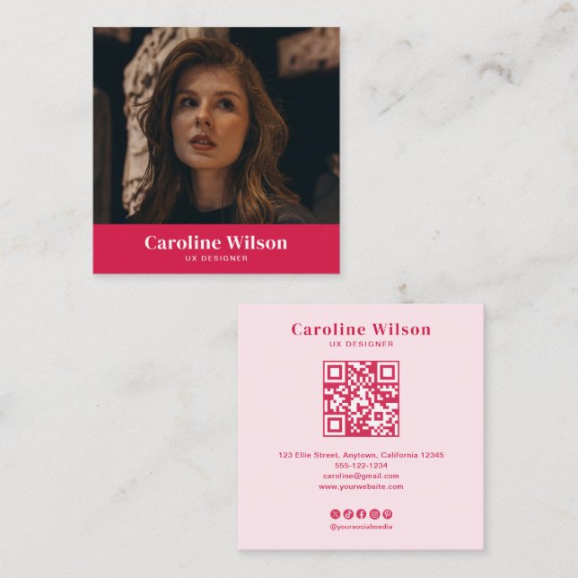 Modern Chic Red QR Code Photo Girly Square Business Card (Front/Back)