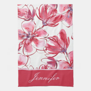 Modern Chic Red Tropical Floral Personalised Name Tea Towel