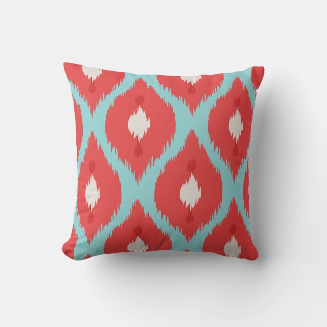 Modern chic red turquoise ikat pillow (Front)
