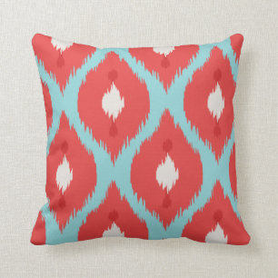 Modern chic red turquoise ikat pillow