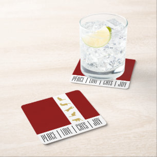 Modern Chic Red White and Gold Cat Lover Christmas Square Paper Coaster