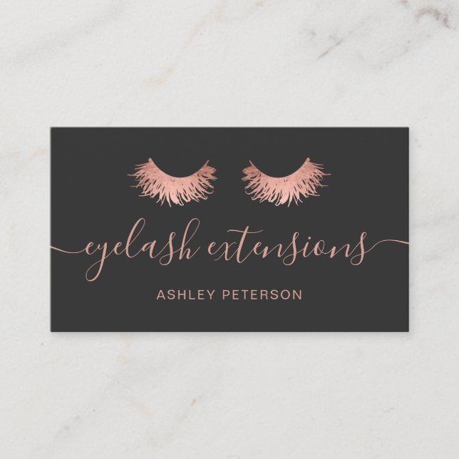 Modern chic rose gold eyelashes trendy grey business card (Front)