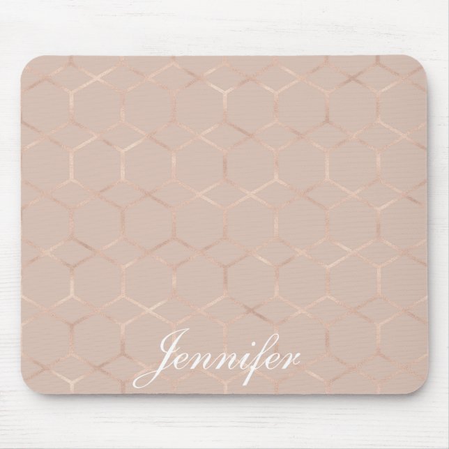 Modern chic Rose gold geometric hexagon your name Mouse Mat (Front)