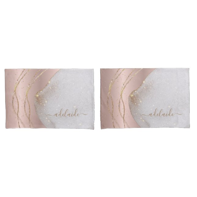 Modern Chic Rose Gold Glitter Script Monogram Name Pillowcase (Front-Set)