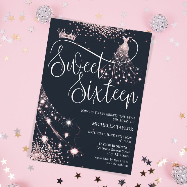 Modern Chic Rose Gold Glitter Sweet 16 Invitation (Creator Uploaded)