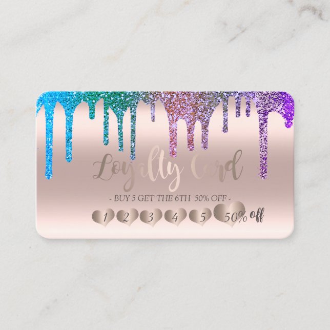Modern Chic Rose Gold Hearts Rainbow Glitter Drips Loyalty Card (Front)
