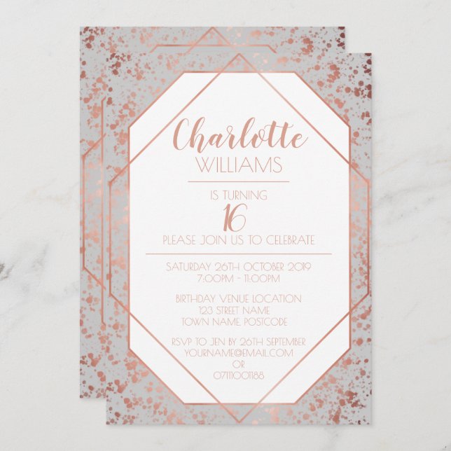 Modern Chic Rose Gold Paint Flicks 16th Birthday Invitation (Front/Back)