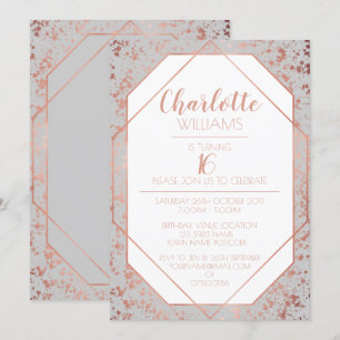 Modern Chic Rose Gold Paint Flicks 16th Birthday Invitation