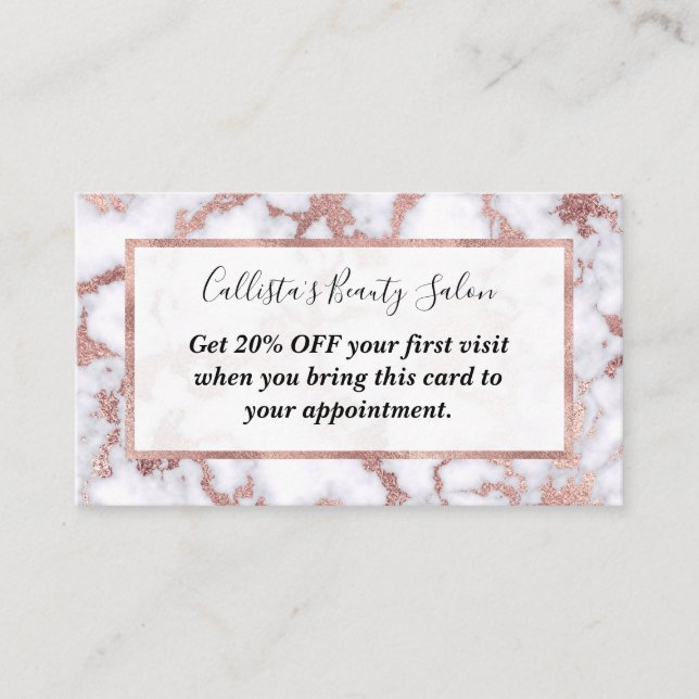 Modern Chic Rose Gold White Marble Stone Pattern Discount Card (Front)