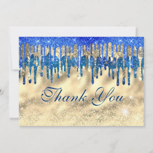 Modern Chic Royal Blue Gold Glitter Drips Thank You Card