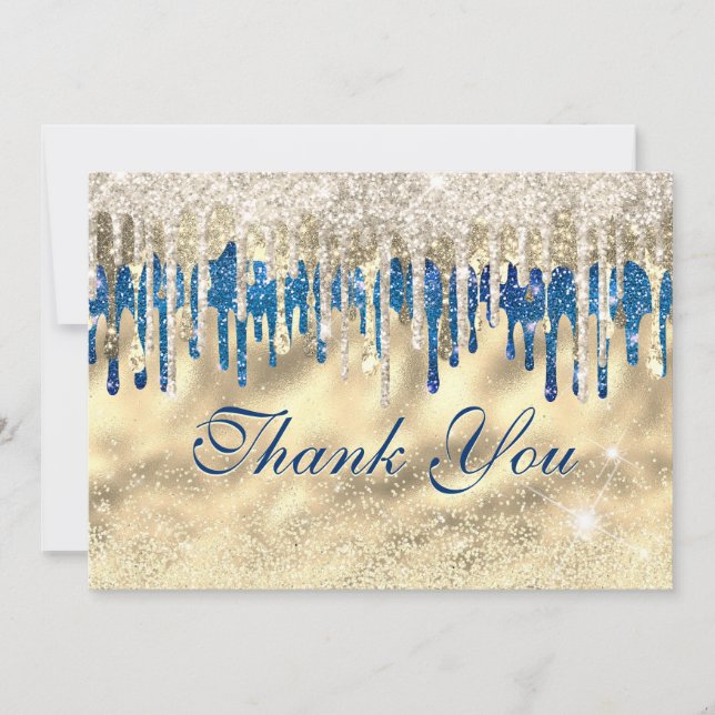 Modern Chic Royal Blue Gold Glitter Drips Thank You Card (Front)