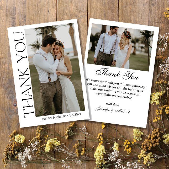 Modern Chic Script 2 Photo Wedding Thank You Card (Creator Uploaded)