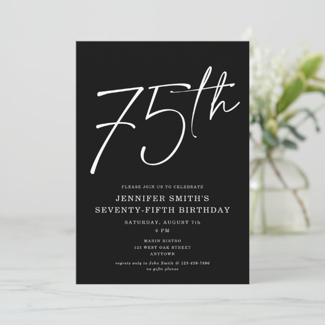 Modern Chic Script 75th Birthday Party Invitation (Standing Front)