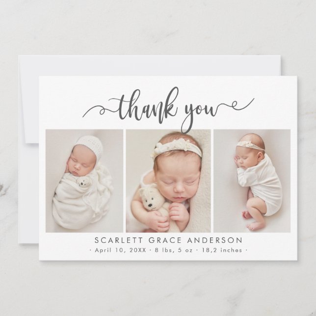 Modern Chic Script Baby 3 Photo Collage Thank You (Front)