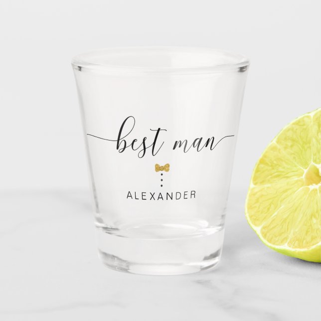 Modern Chic Script Best man Gold Bow Tie Name Shot Glass (Front)