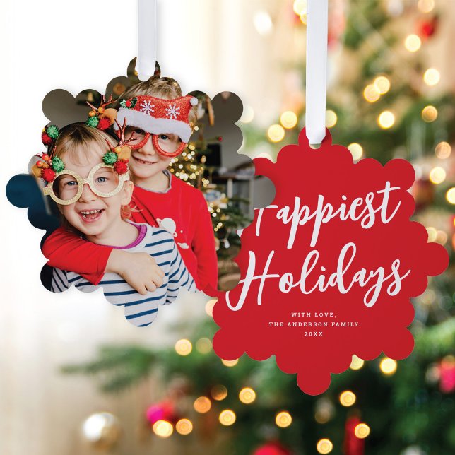 Modern Chic Script Big Photo Christmas Holiday  Tree Decoration Card (Creator Uploaded)