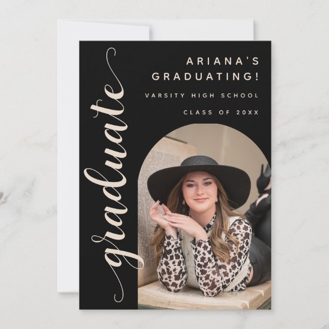 Modern Chic Script Black & Tan Graduation Party Invitation (Front)