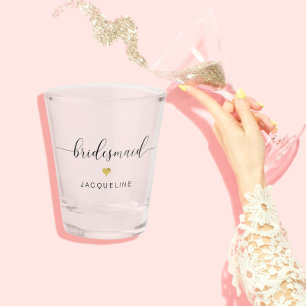 Modern Chic Script Bridesmaid Gold Heart Name Shot Glass