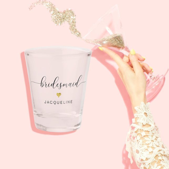 Modern Chic Script Bridesmaid Gold Heart Name Shot Glass (Creator Uploaded)