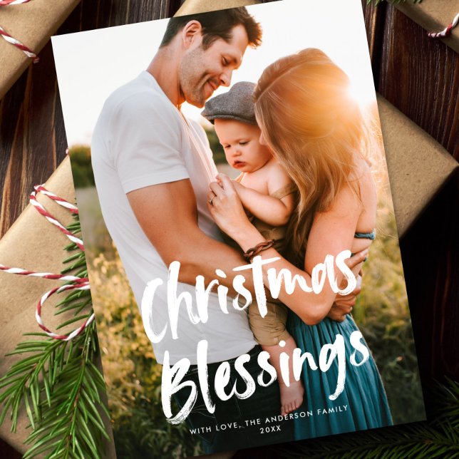 Modern Chic Script Christmas Blessings One Photo Holiday Card (Creator Uploaded)