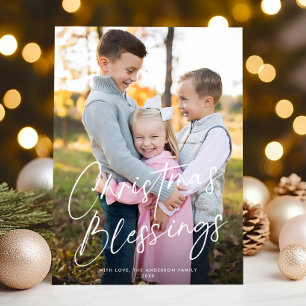 Modern Chic Script Christmas Blessings One Photo Holiday Card