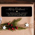 Modern Chic Script Christmas Return Address Label<br><div class="desc">Elegant,  Modern Black and Gold Hand Lettered Christmas Family Return Address Labels. Featuring a pretty hand-written calligraphy swash-tail font script with saying "Merry Christmas",  a little love heart motif. Great for Christmas holiday season,  easy to personalise them with your names and return address info.</div>