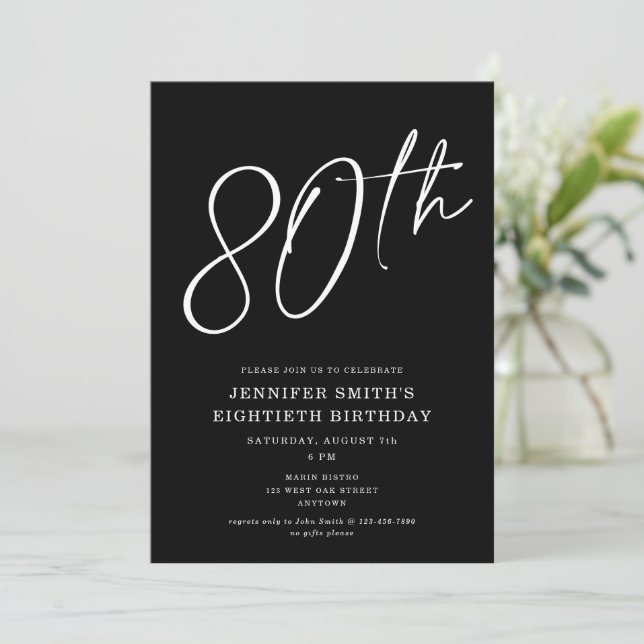 Modern Chic Script Eightieth 80th Birthday Party Invitation (Standing Front)
