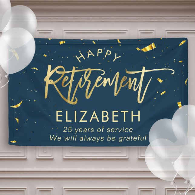 Modern Chic Script Elegant Gold Happy Retirement B Banner (Creator Uploaded)