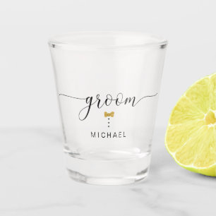 Modern Chic Script Groom Gold Bow Tie Script Name Shot Glass