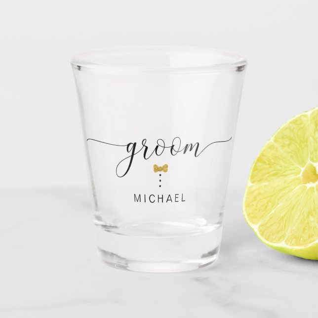 Modern Chic Script Groom Gold Bow Tie Script Name Shot Glass (Front)