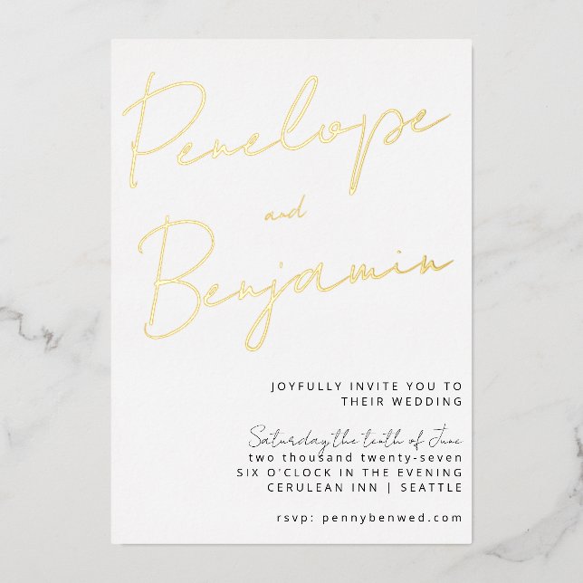Modern Chic Script Handwriting Gold White Wedding (Front)