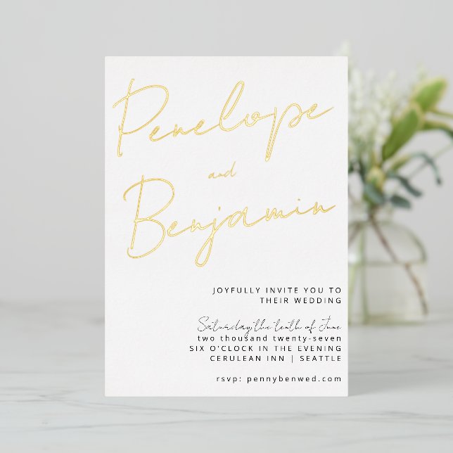 Modern Chic Script Handwriting Gold White Wedding (Standing Front)