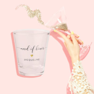 Modern Chic Script Maid of Honour Gold Heart Name Shot Glass