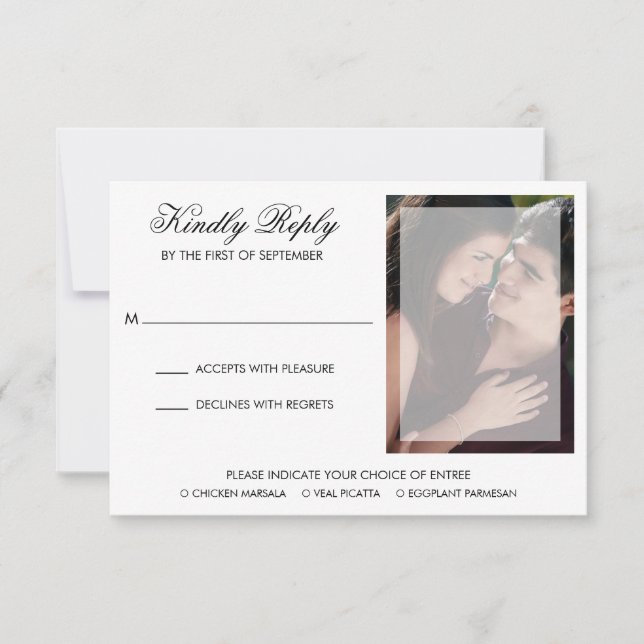 Modern Chic Script Meal Photo Wedding RSVP Card (Front)