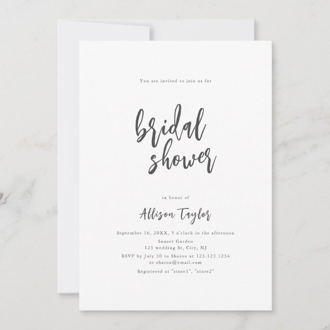 Modern Chic Script Minimalist Bridal Shower Invita Invitation (Front)