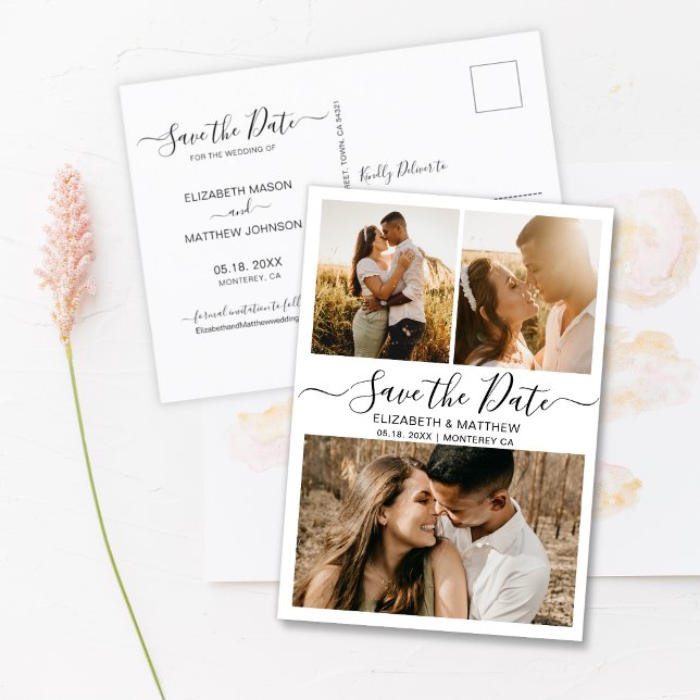 Modern Chic Script Photo Collage Save The Date Ann Announcement Postcard (Creator Uploaded)