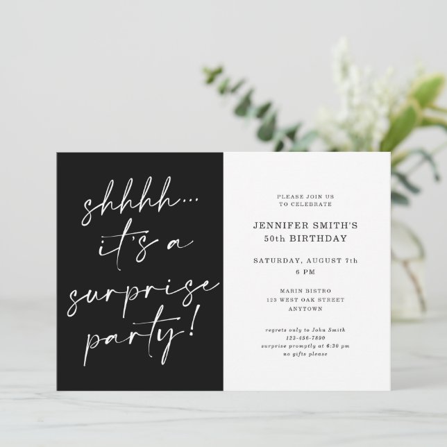 Modern Chic Script Shhhh Surprise Birthday Party I Invitation (Standing Front)