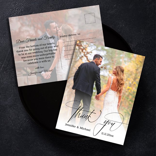 modern chic script thank you 2 photos wedding postcard (Creator Uploaded)