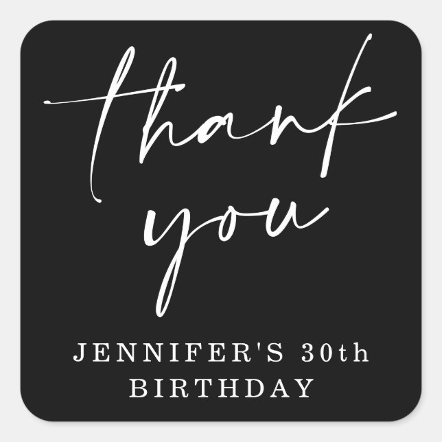 Modern Chic Script Thank You Birthday Party Favour Square Sticker (Front)